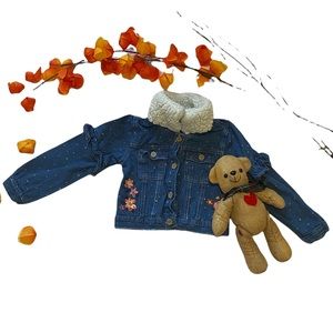 Nannette Kids Denim Jacket with Warm Soft Borg Collar Plus Embroidery Flowers